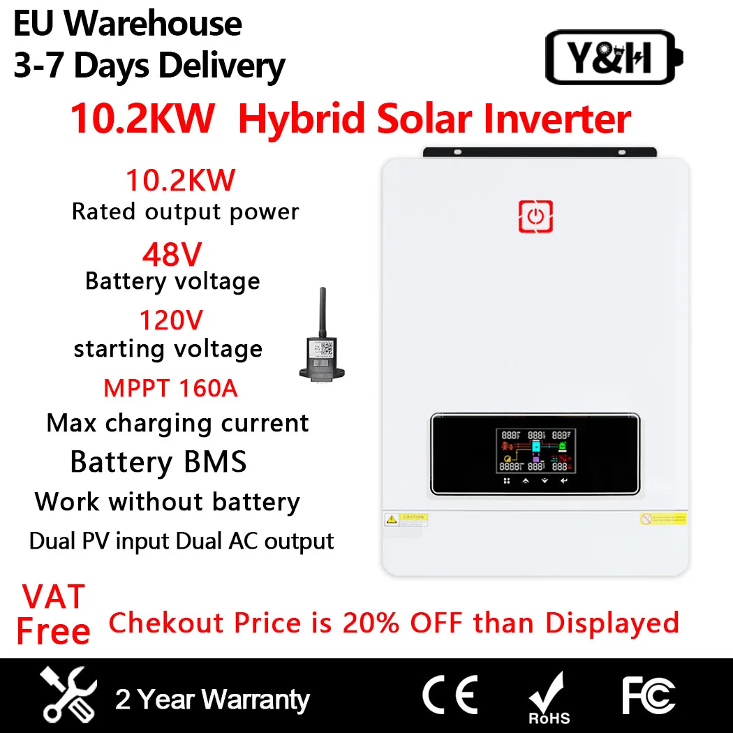 Y&H MPPT Hybrid Solar Inverter 10KW pure sine wave DC48V AC230V 160A charge controller dual PV maximum 500V Run Without Battery