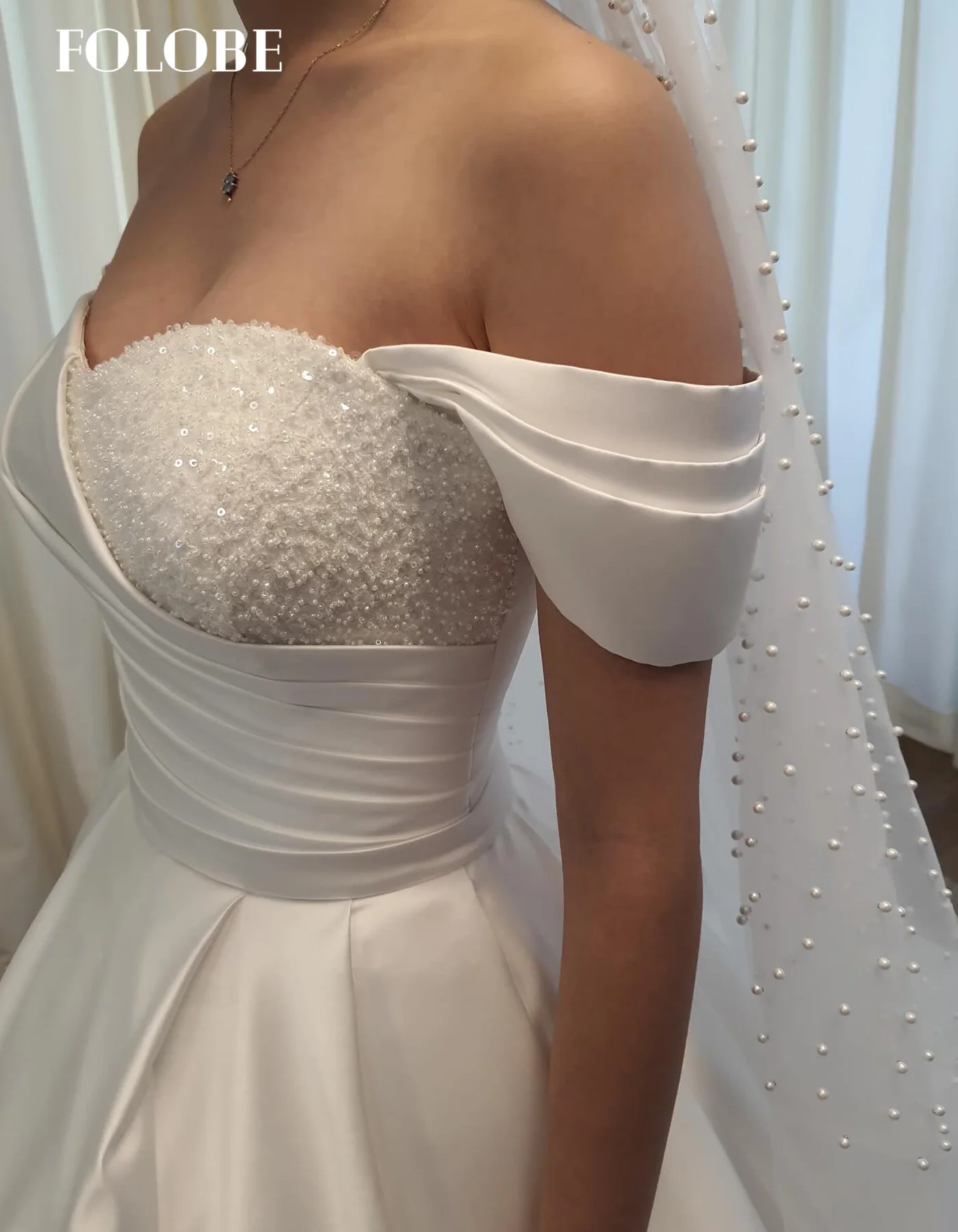 FOLOBE robe de mariée à épaules dénudées avec perles robe de mariée trapèze Gorgeou balayage Train robe de mariée vestidos de noche personnalisé