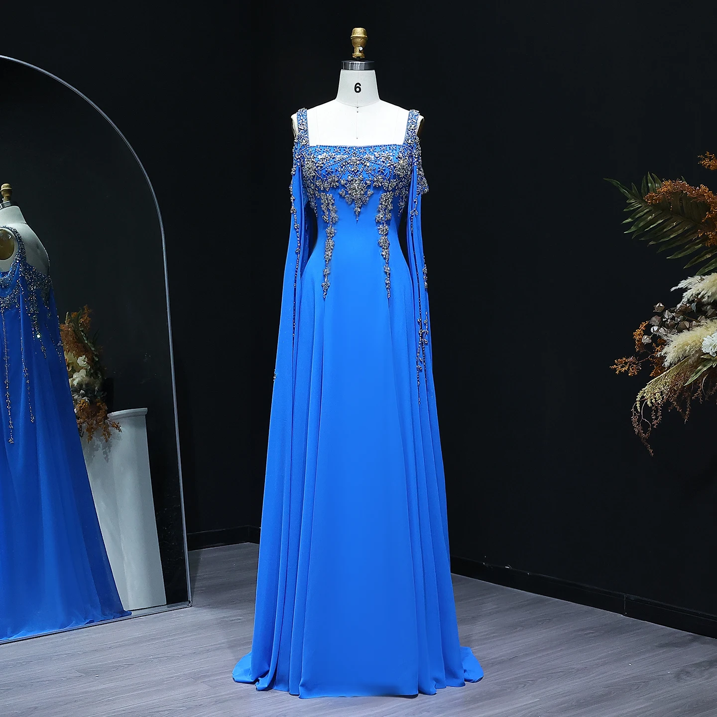 Sharon Said Chic Blue Luxury Crystal Arabic Evening Gown with Flowing Cape Sleeve Women Wedding Formal Dress SS305 Customized image 2