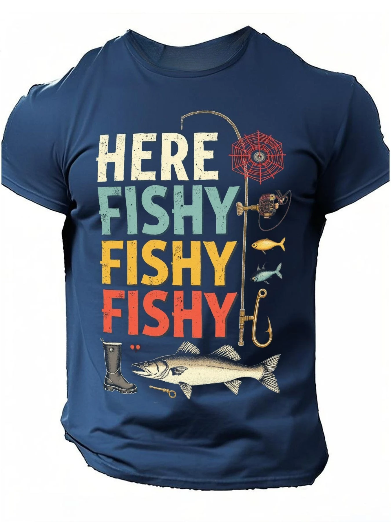 

"HERE FISHY FISHY FISHY" Humorous Fishing-Vintage Angler Graphic design-100% cotton O-neck casual printed men's T-shirt.