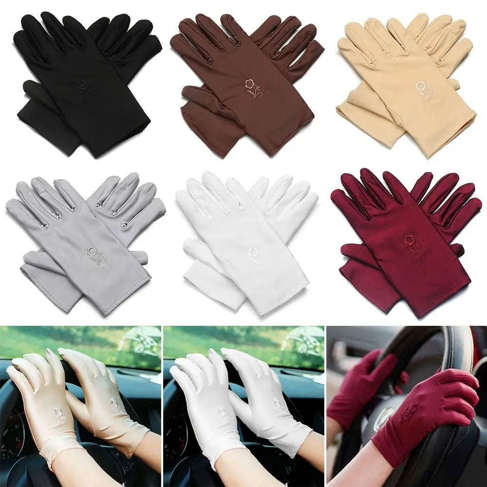 Outdoor Thin Sun Protection Gloves Elastic Embroidered Full Finger Mitts Sunscreen Mittens Girls