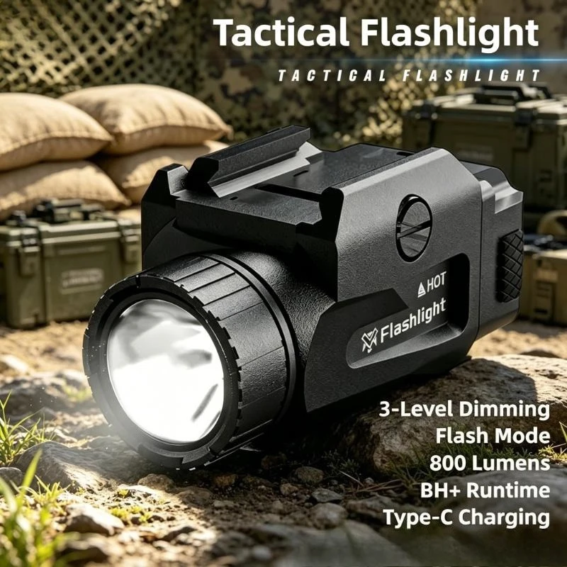 TINSOL 800LM Powerful Tactical Light 4 Mode USB Rechargeable Quick Release Handgun Hunting Shooting Picatinny Rail Mount