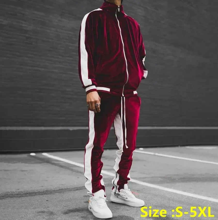 New 2024 Spring Autumn Men\'s Velvet Sets Sports Suit Stand Collar Zipper Sweatshirt + Pants 2Pcs Sets Velour Tracksuits For Men