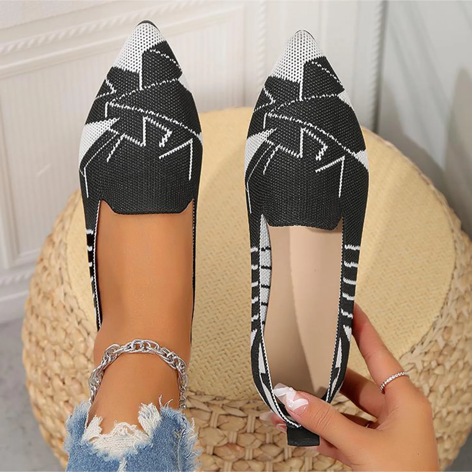 Ladies Colour Blocking Pointed Toe Shoes Printing Shallow Flat Bottom Casual Comfortable Plus Size Daily All Match Women Shoes