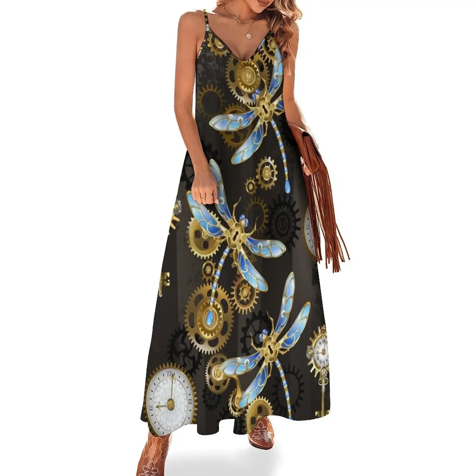 Steampunk Dragonflies on grunge background Sleeveless Dress african dresses for woman women's summer clothing 2024 Dress