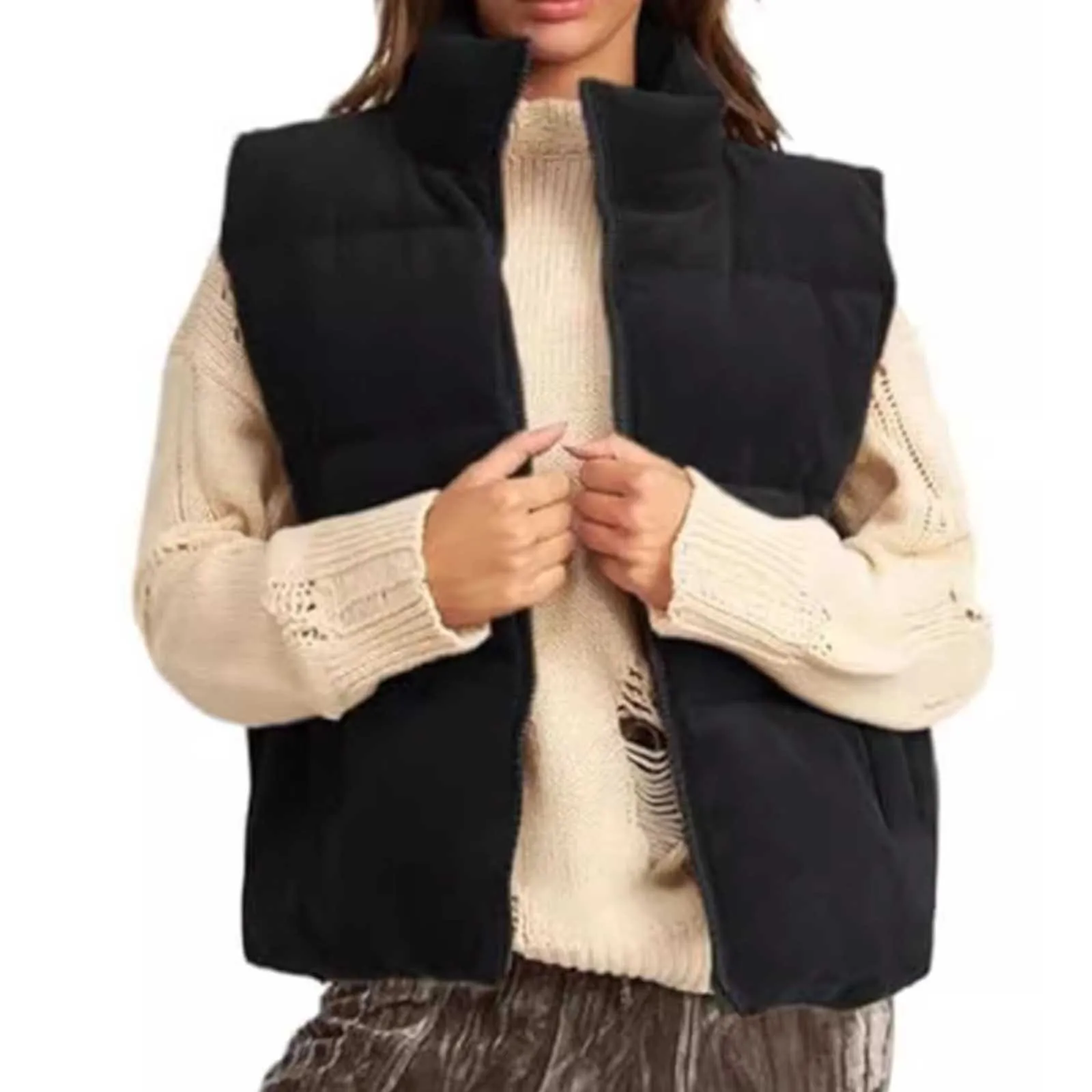 Autumn And Winter Women's Short Cotton Down Vest Short Stand-up Collar Warm Sleeveless Quilted Vest Outdoor Travel Jacket Tops