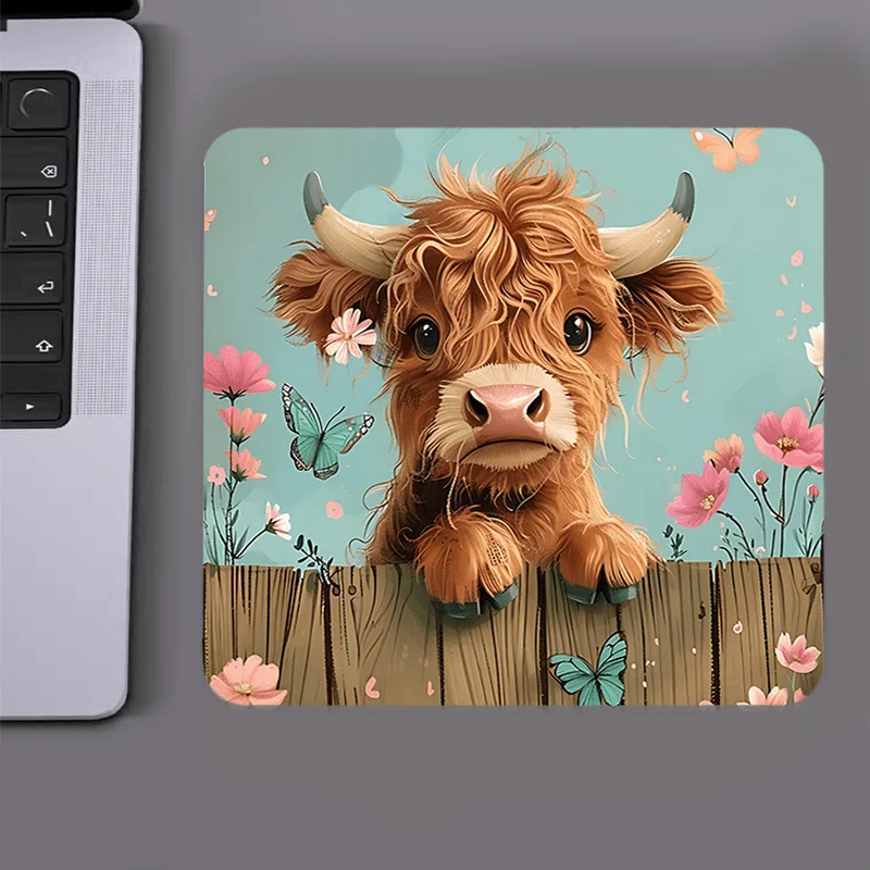 Brand Cute Highland Cow Mouse Pad Floral Butterfly Design Non Slip Desk Mat For Home Office 9.44X7.87 Inch