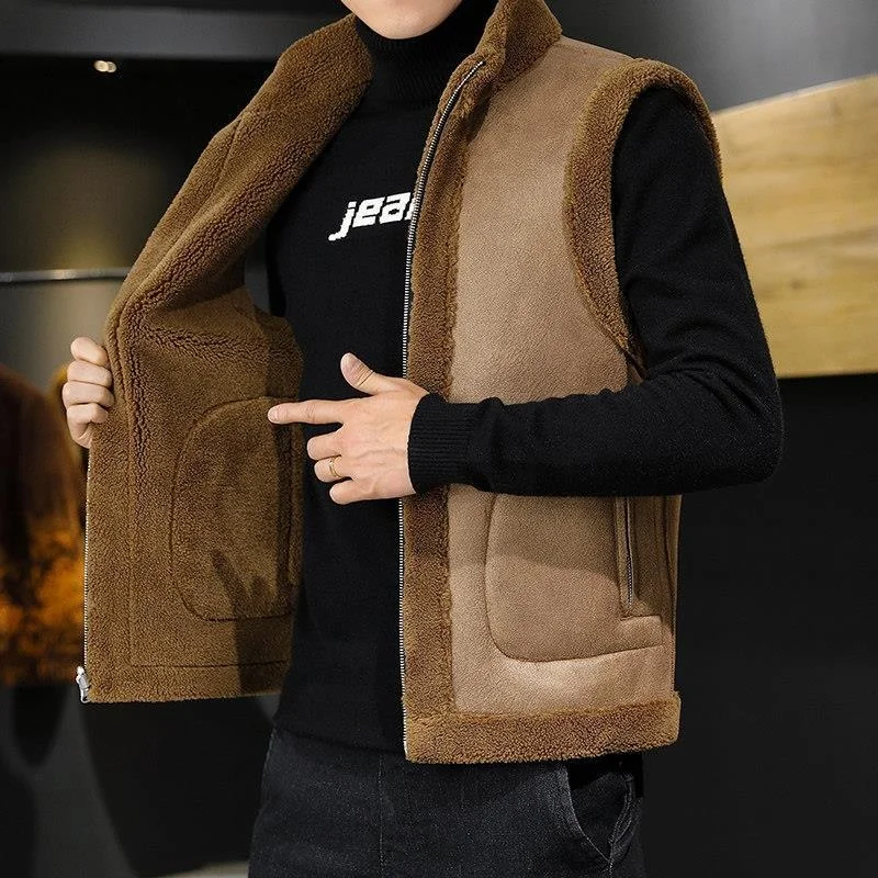 Double-sided Jacket Vest For Men Winter Lamb Wool Coat Sleeveless Waistcoat Warm Fashion Casual Gilet Male Jacket High Quality