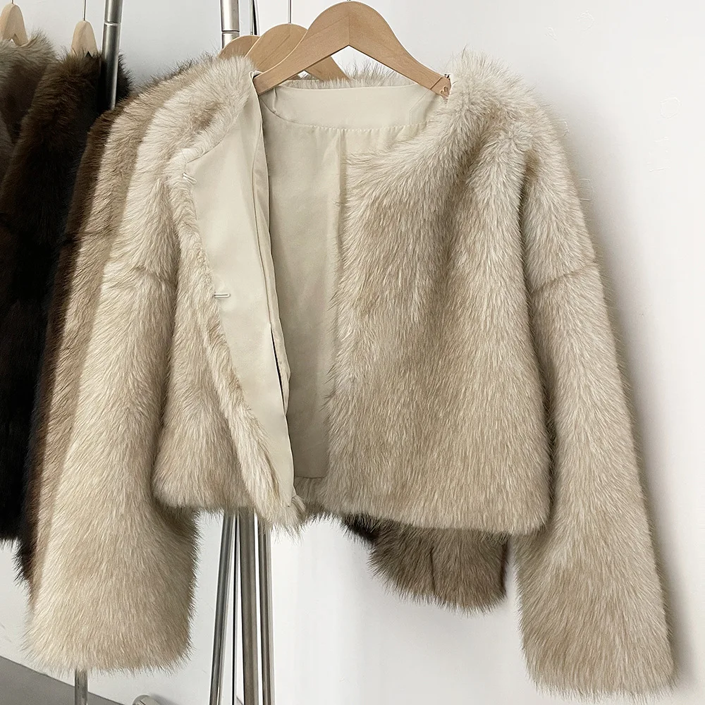 

Lady's Fox Fur Coat Winter Women's Eco Artificial Fur Coat Round Neck Spliced Female's Faux Fur Jacket Commuting Street
