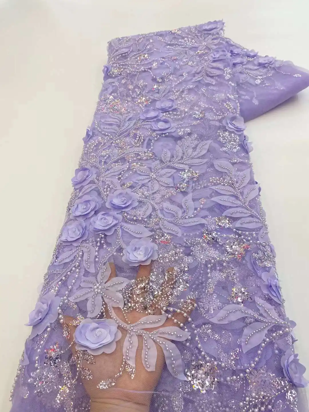 Asoebi Costura Material de Renda, 3D Noivo Tecido de Renda, Lantejoulas Francesas, Casamento Nigeriano, Alta Qualidade, Branco, Africano, 5 jardas,