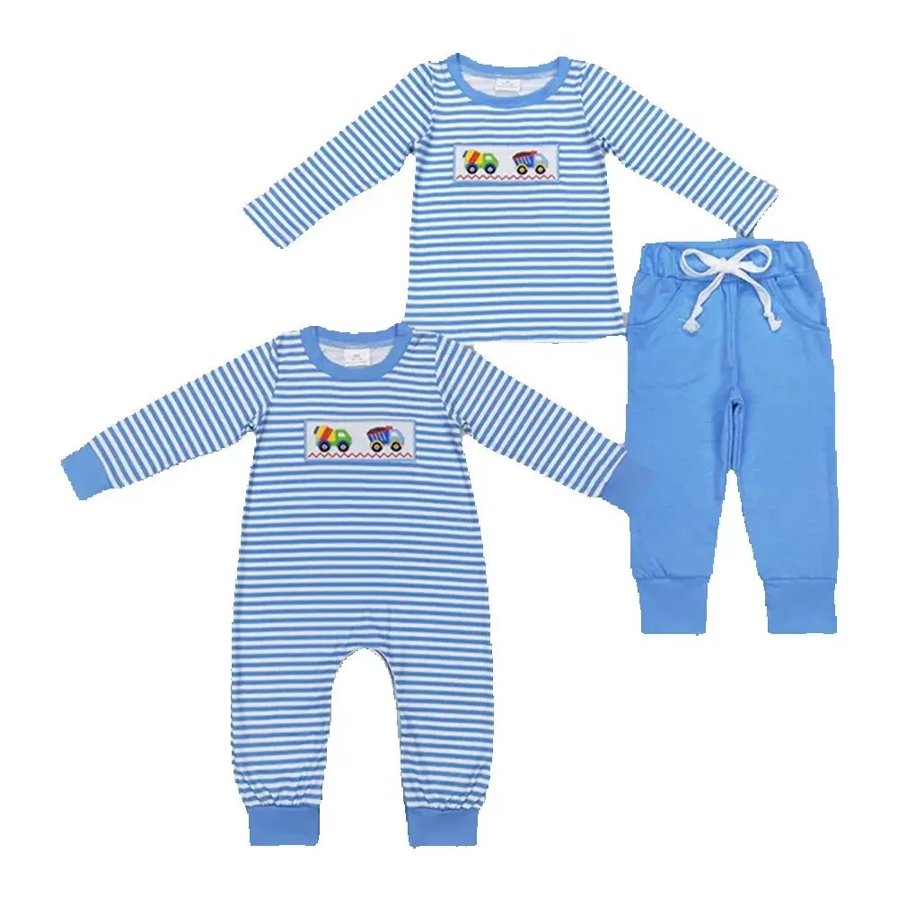 Kids Matching Clothes Long Sleeve Set And Romper With Embroidery mixer truck construction vehicle blue and white stripes print