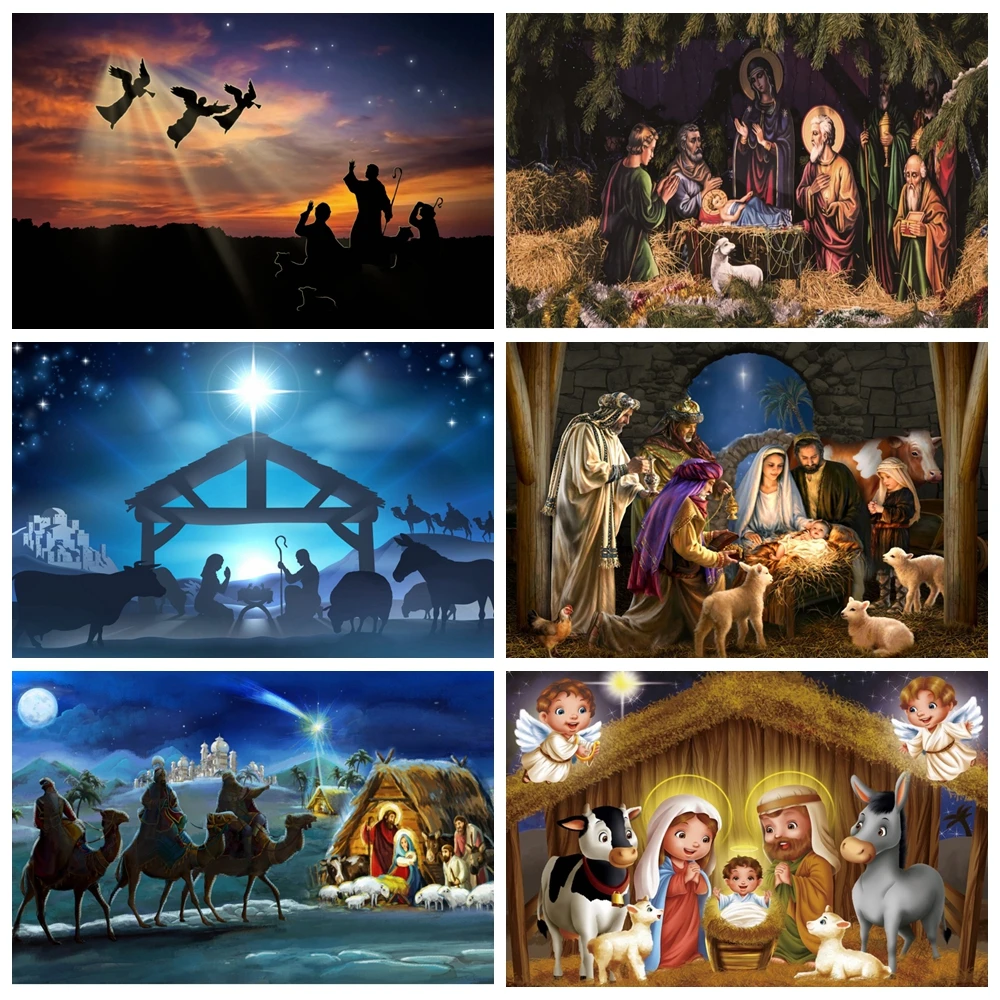 

Christian Birth of Jesus Backdrops Chiristmas Holy Night Family Cross Angel Nativity Scene Baby Shower Photography Background