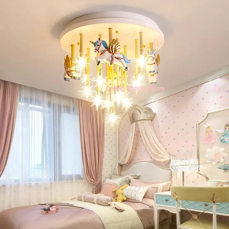 Decoration Lighting Pink Blue Pegasus Starlight Radiant Super White Horse Pink Horse Children's Room Princess Ceiling Light