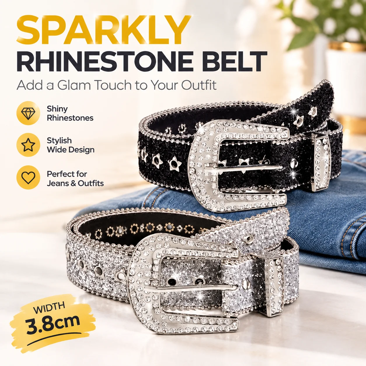 Women Sparkly Rhinestone Wide Belt 3.8cm PU Strap Silver Black Alloy Buckle for Jeans Outfits
