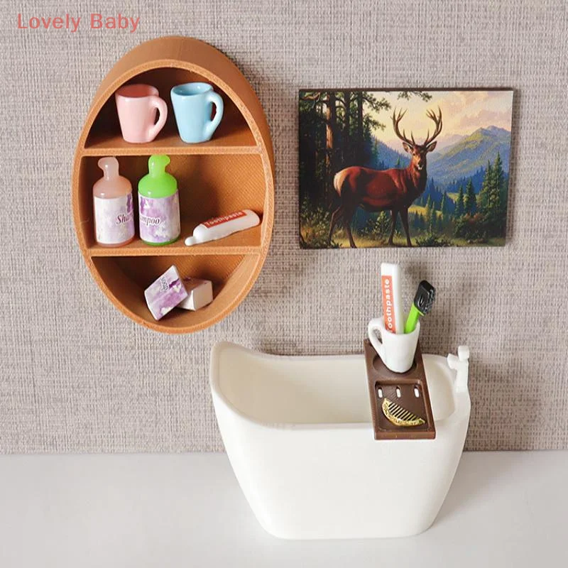 【BS】1Pcs DIY Wall Cabinet Decor Dollhouse Mini Bath Tub Model Storage Rack Ornament Pretend Food Play Miniature Doll Accessory