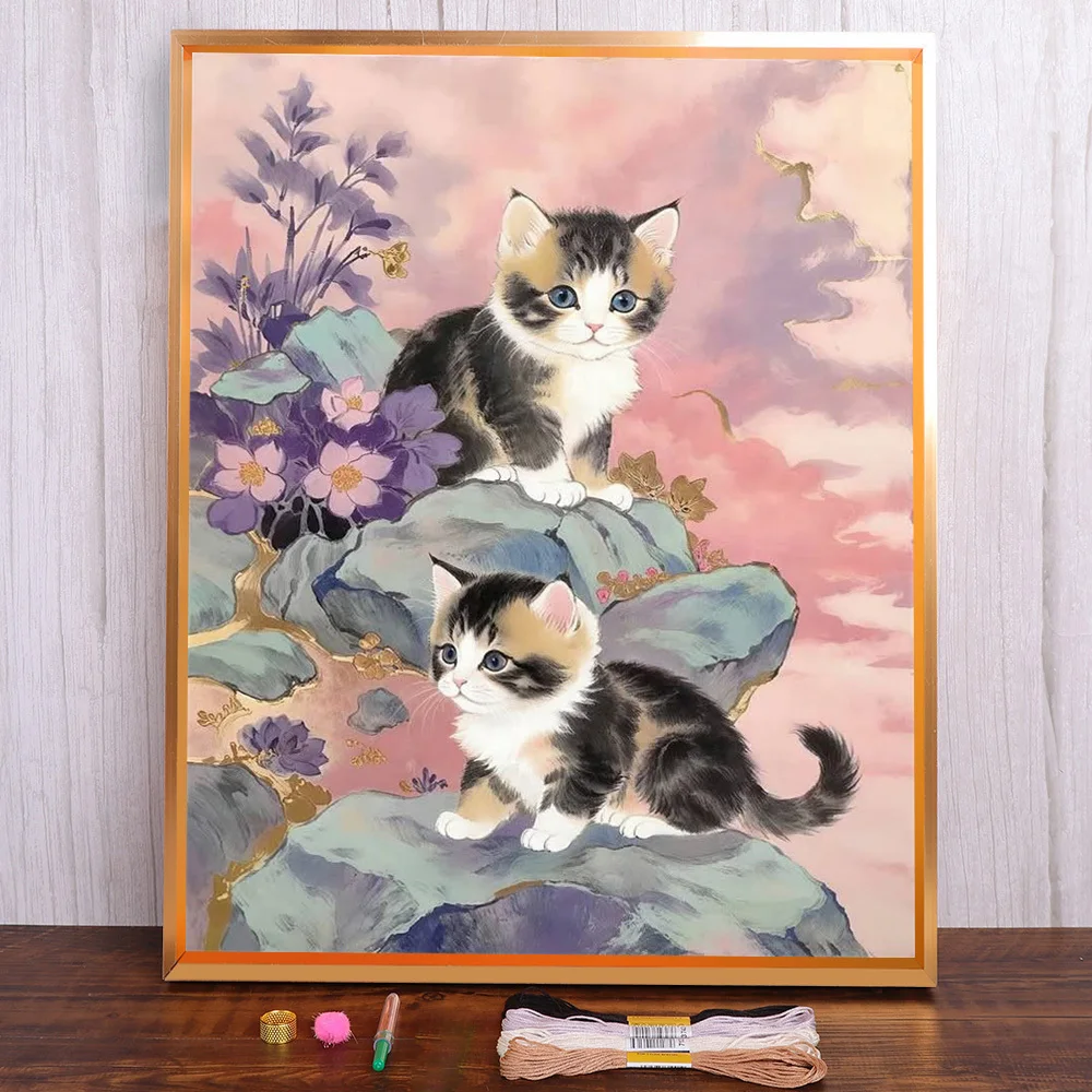 

Cartoon Cat Printed Water-Soluble Canvas Cross-Stitch Embroidery Set Handiwork Painting Knitting Hobby Gift For Adults Stamped