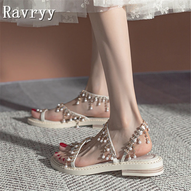 Summer Fairy Pearl Tassel Flat Sandals Women Thimble Toe Rhinestones Roman Shoes New Design Girl Dress Wedding Shoes