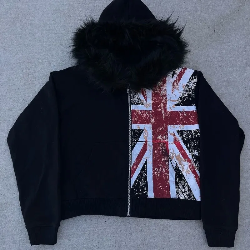 Deeptown Y2k Black Fur Collar Women Man Zipper Hoodies Flag Print Harajuku American Vintage Sweatshirts Baggy Casual Streetwear