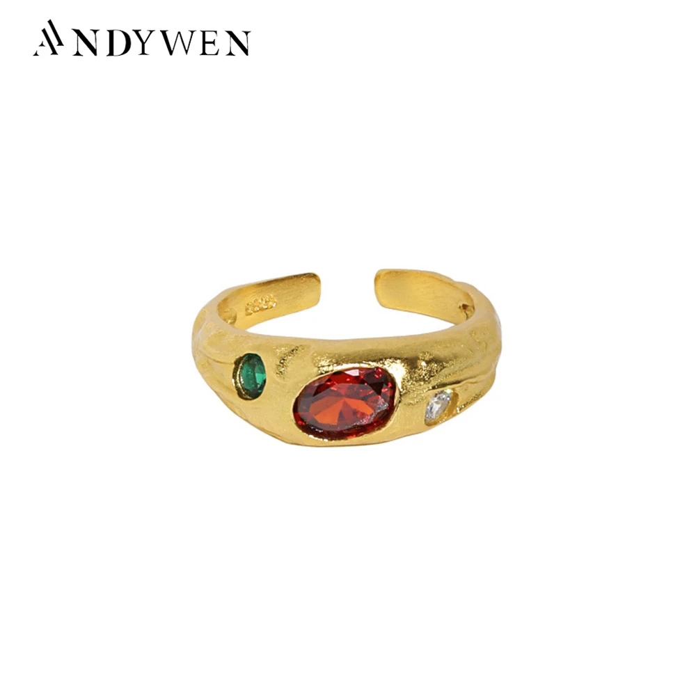 ANDYWEN 925 Sterling Silver Gold Three Rainbow Zircon Ovals Charm Thick Adjustable Rings Party Luxury Jewelry Rock Punk Party