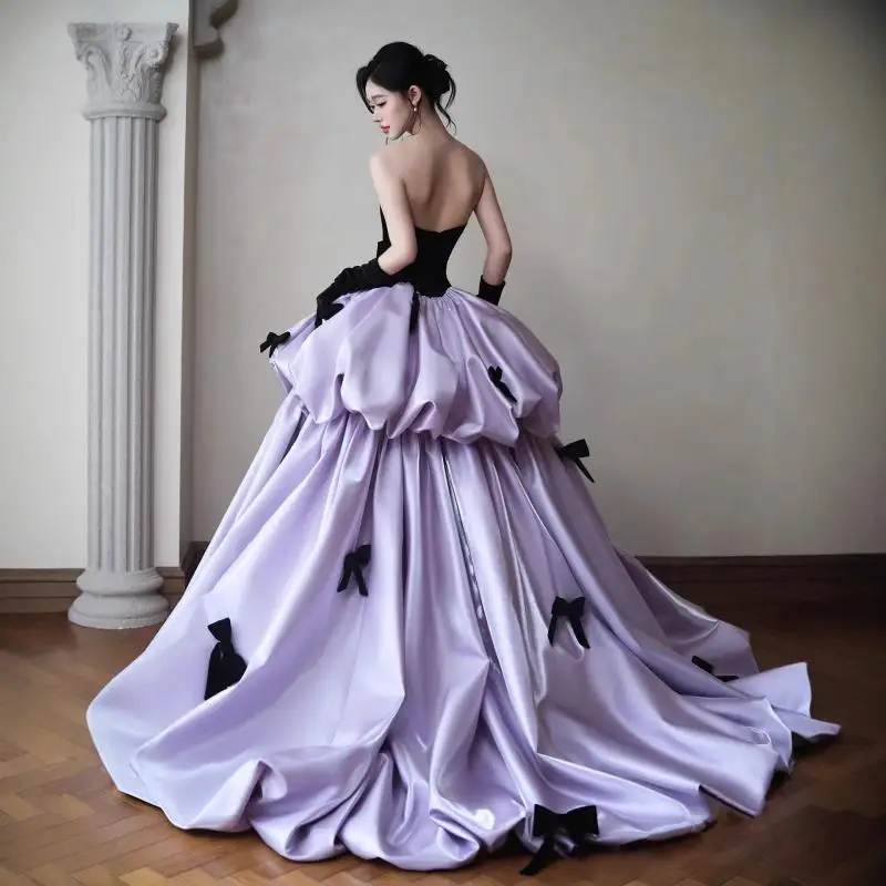 Strapless Flower Bud Evening Dress High-end New Style Three-dimensional Bow Socialite Temperament Light Luxury Dress Customized