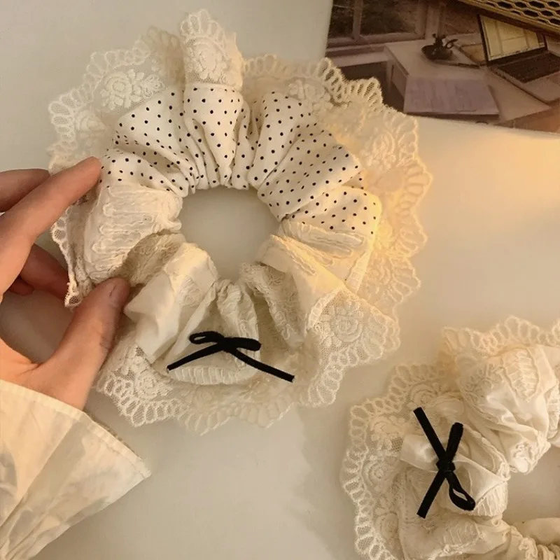 Cream Color Ruffle Hair Scrunchies  Women Girls Sweet Hairbands Ropes Ponytail Rubber Bands Lady Simple Fashion Accessories New