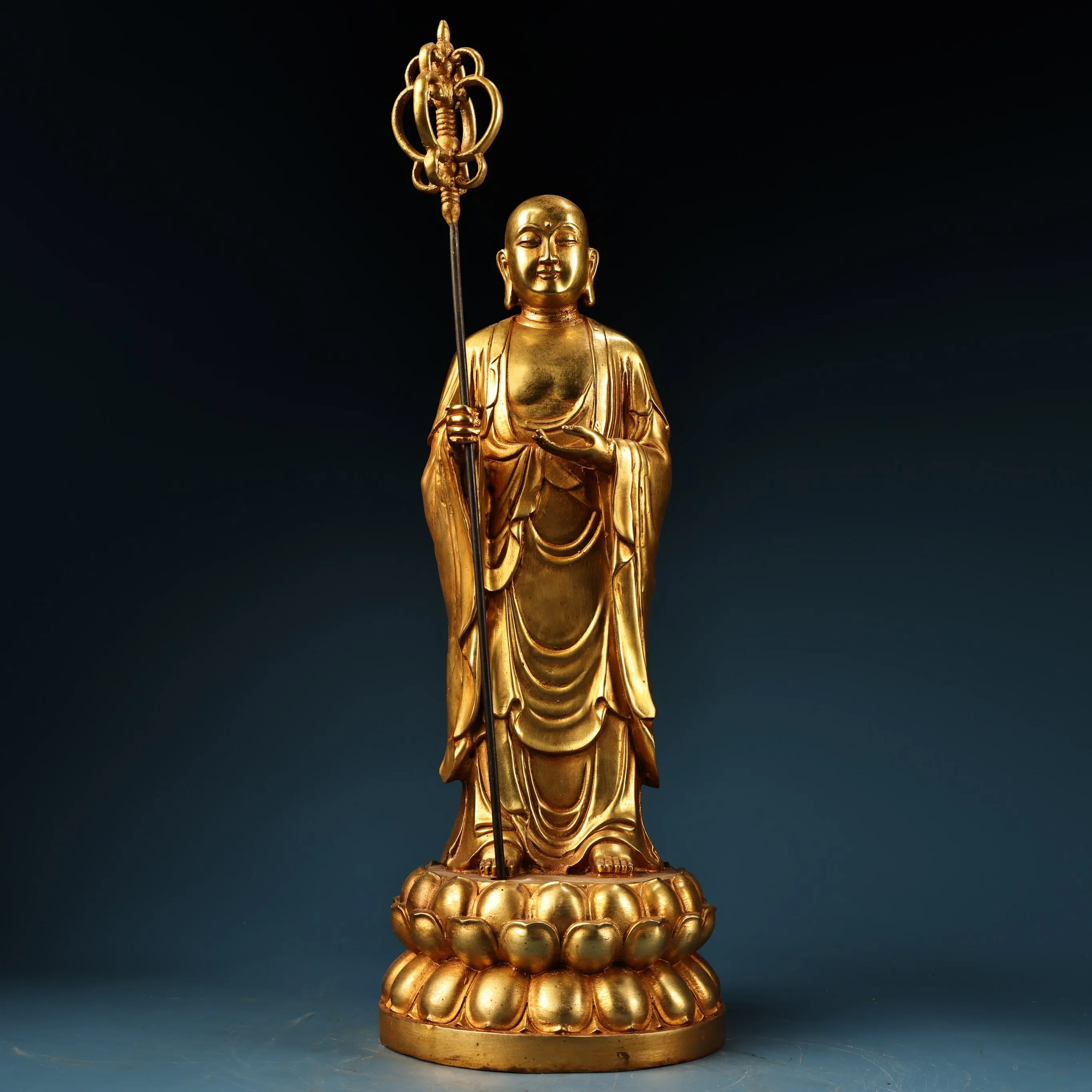 

18"Old Bronze Gilded Painted High Relief Amitabha Ksitigarbha Bodhisattva Standing Buddha Double Lotus Terrace Worship Hall