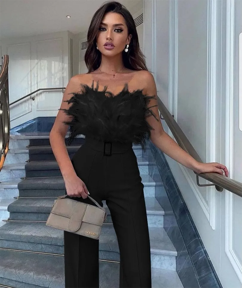 

Elegant Feathers Off Shoulder Jumpsuit Women Backless Bodycon Rompers Sexy Solid Wide Leg Pantsuits Playsuit Overalls Clubwear