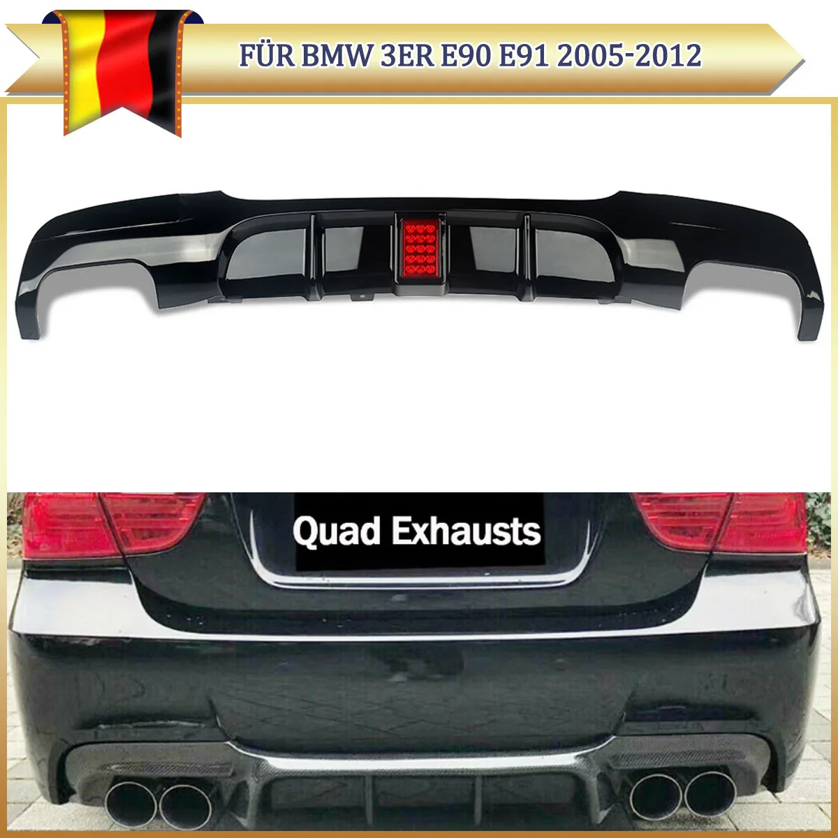 Für BMW E90 E91 M Sport 2005 2006 2007 2008 2009 2010 2011 2012 Heckstoßstangenlippe Splitter mit LED-Bremslicht Heckdiffusor