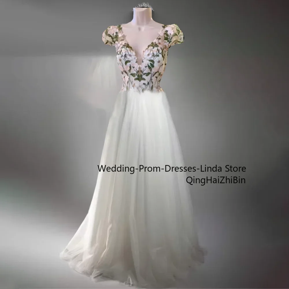 

Wedding Dresses for Women V-Neck Cap Sleeves Floor-Length Bridal Dresses Embroidery Tulle Luxury Formal Bride Gown