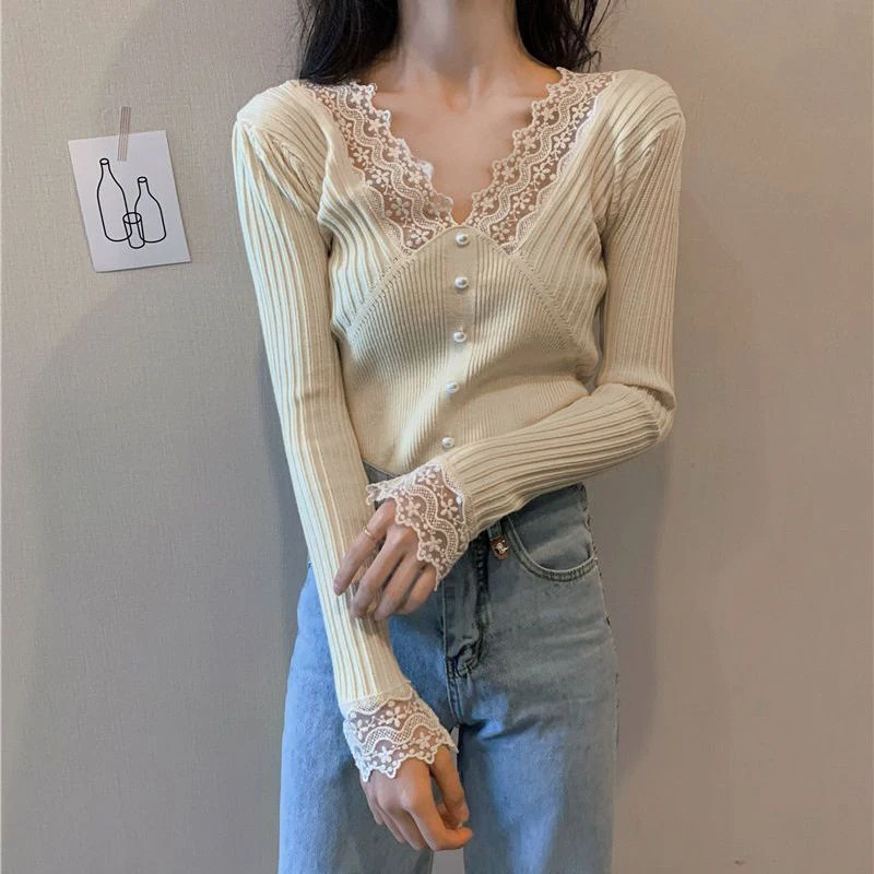 Spring Autumn V-neck Lace Patchwork Knitting Pullover Top Women Elegant Fashion Slim Bottoming Sweater Ladies Casual Jumper Top