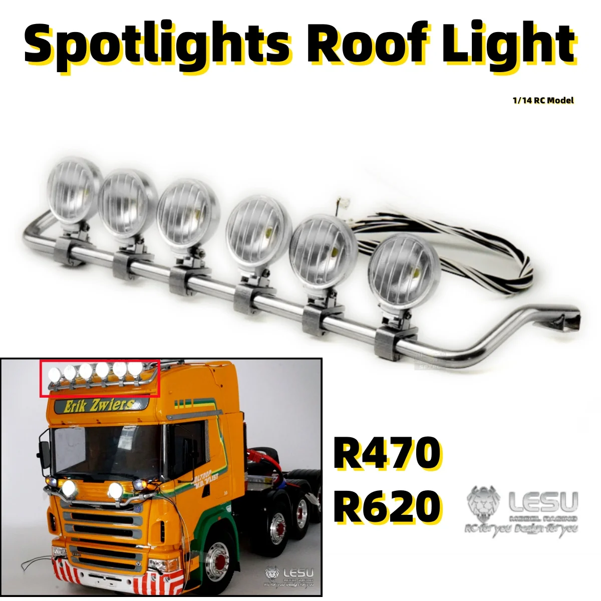 

LED Spotlight High Top Dome Light Stainless SteelFor 1/14 Tamiya RC Scania R620 R470 Tractor Romote Control Toy Parts