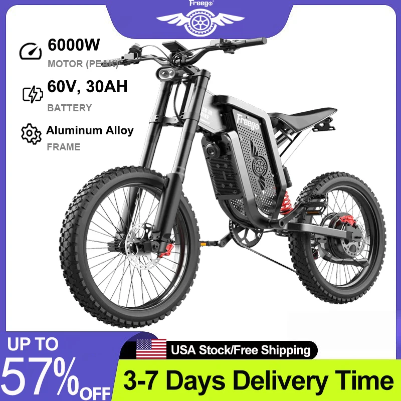

Freego X2 Electric Bicycle 6000W Peak Motor 60V/30Ah Removable Battery Electric Bike 50MPH 19 x2 MTB Tire Full Suspension E-bike