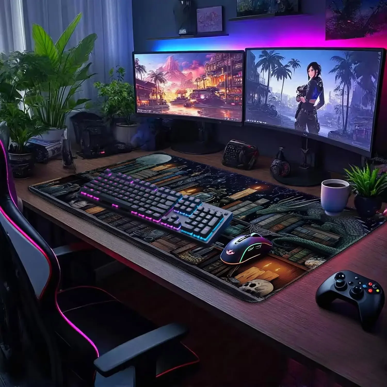 Gothic Magic Book Shelf Large Mouse Pad, Stitched Anti Slip Rubber Base Mat Gaming Desk Office PC Keyboard Desktop Accessories