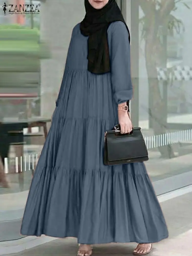 

ZANZEA Women Fashion Loose Abaya Hijab Vestido Autumn Sundress Vintage Long Sleeve Casual Ruffles Hem Muslim DressRobe Femme