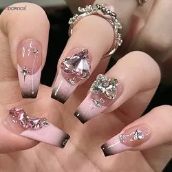 24Pcs Pink Fake Nails Y2K Style Press on Nails Big Sparkly Rhinestone Designs Black French Tips False Nails for Women y2k Girls