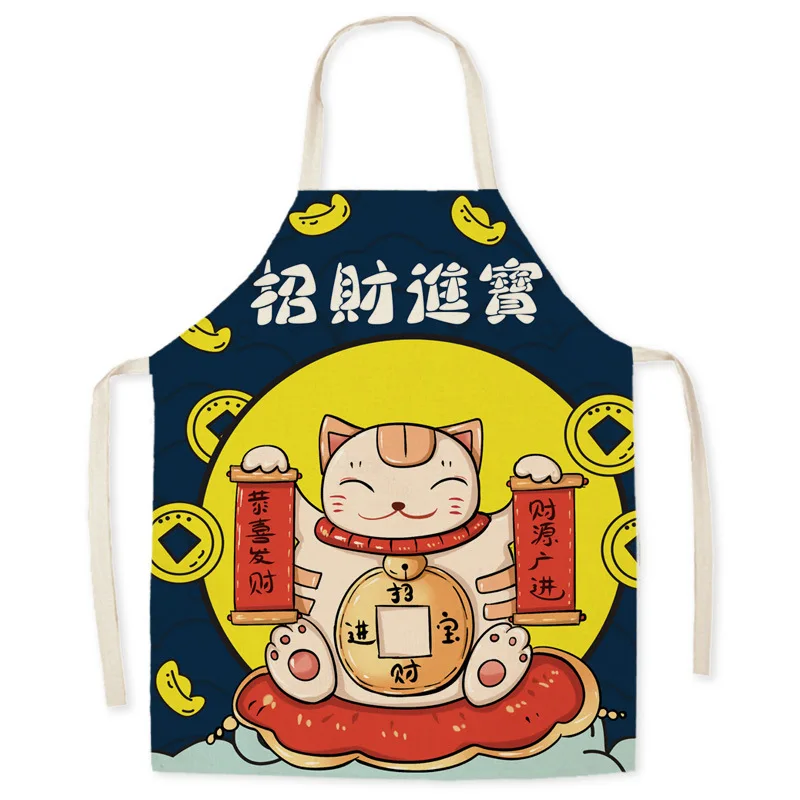 Sleeveless Kitchen Aprons for Women, Japanese Cartoon, Lucky Cat Decoration, Cotton Linen, Home Cooking, Baking Waist Bib Pinafo