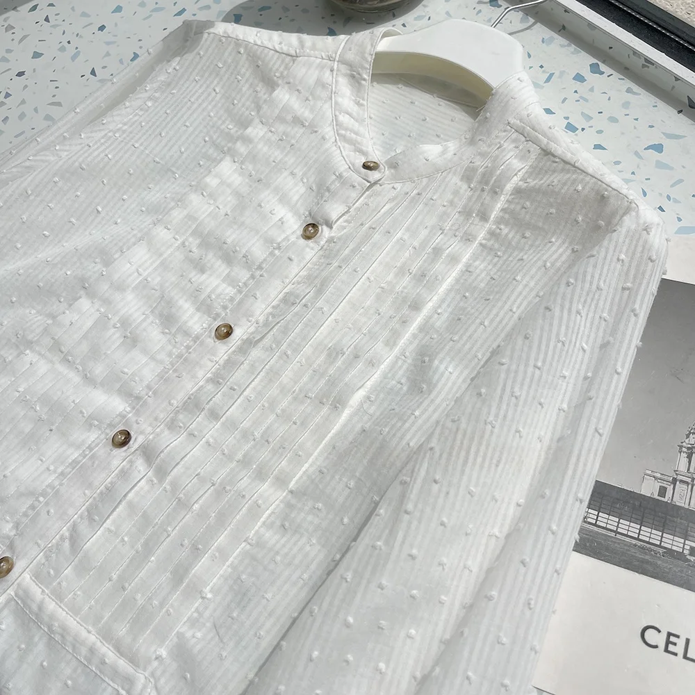   เสื้อทรงสลิมอเนกประสงค์ผ้าฝ้ายแท้ทรงกลมสไตล์เกาหลี แขนยาว แต่งกระดุม สีพื้น