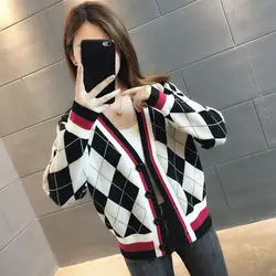 Jesień Modny Plaid Patchwork V-neck Dzianinowy Kardigan Damski Moda Guziki Sweter z długim rękawem Płaszcz Damski Odzież Topy