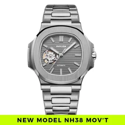 PHYLIDA Men's 40mm Skeleton Design Automatic Watch - Gray Dial, BGW9 Lume, Special Edition Luxury Watch NH38A No Date 5ATM WR