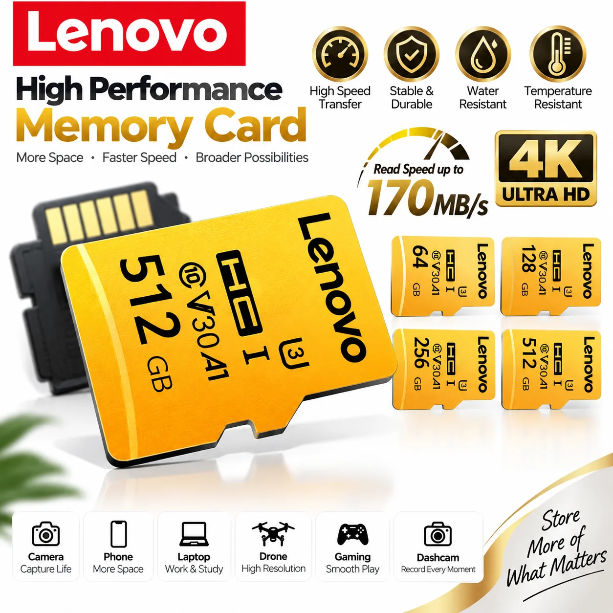 Lenovo High-Speed Memory Card 128GB 256GB 512GB 64GB Class 10 A2 4K U3 Micro SD Card for Switch Mobile Phone Laptop PC Camera