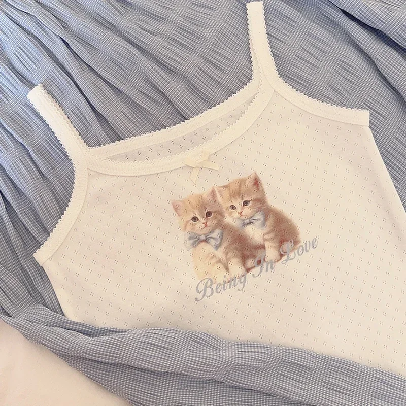 Cute Tops Women Summer Cotton Camis Pink Bow Cat Print Knitted Crop Top for Sweet Girl Lolita Style Kawaii Clothes