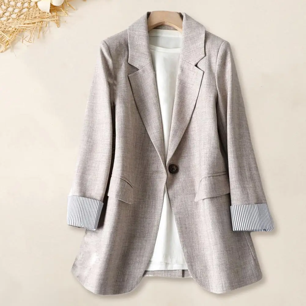 Lapel Collar Coat Elegant Women's Suit Coat with Lapel Collar Single Button Closure Striped Cuffs for Business Outfits Commuting