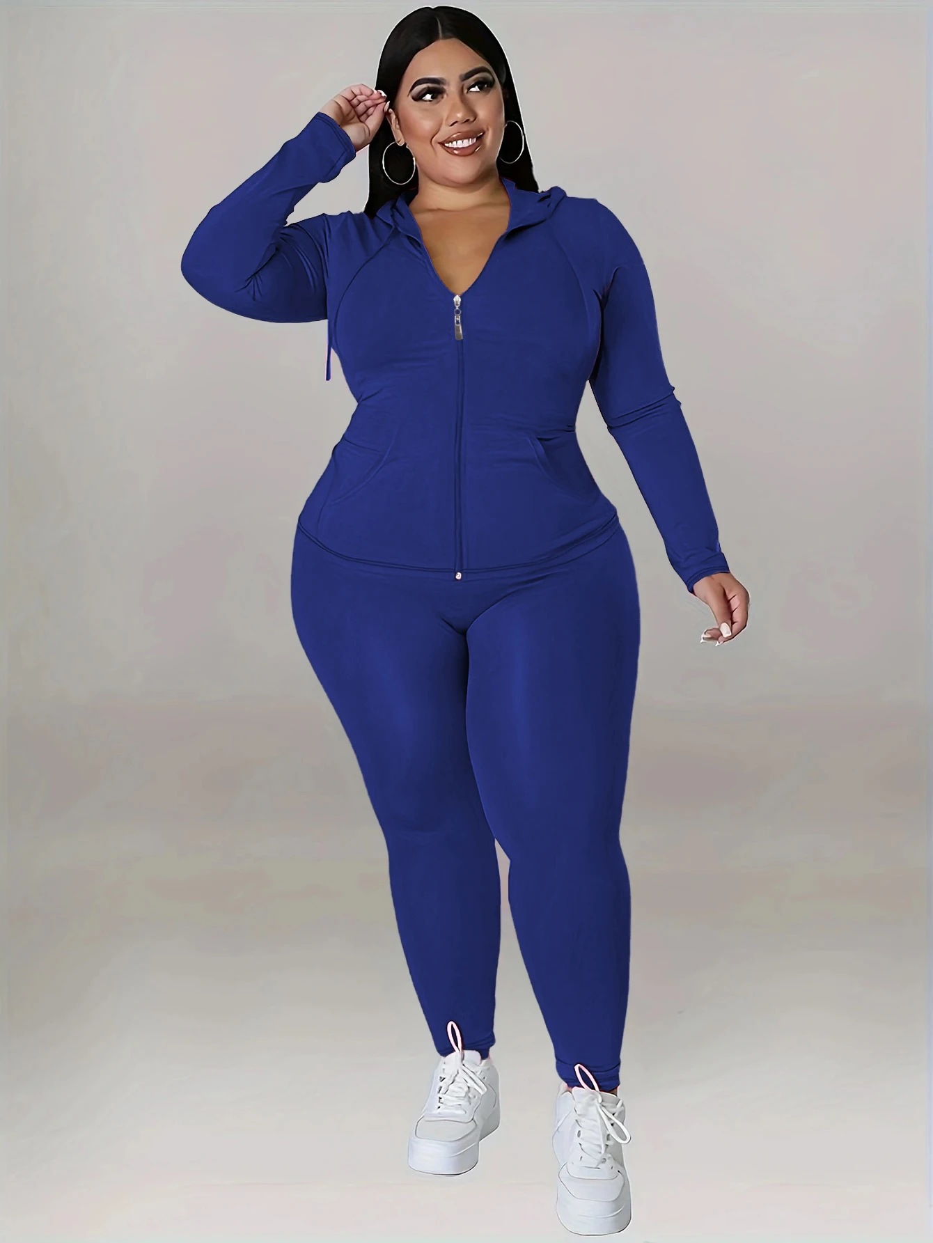 Soft Stretch Solid Color Curvy Athleisure Outfit, Zip Hoodie Tracksuit With Joggers, Comfortable Casual Oversized Matching Set, Versatile All Seasons Wear For Yoga Daily Party Streetwear Activities