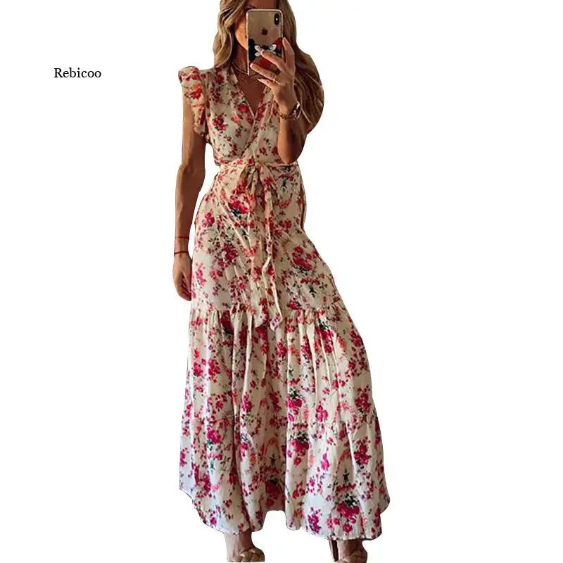 

Summer Floral Printed Sleeveless Ladies Dress 2022 Retro Casual Long Dresses Female Women V Neck Petal Sleeve Elegant Maxi Dress