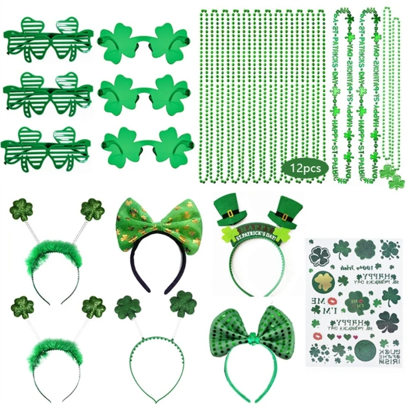 

MXMB Green Patrick's Day Leprechaun Headwear for Theme Parties Green Necklace