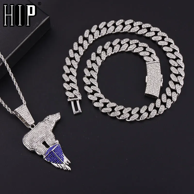 

HIP HOP Bling Iced Out Polar Bear Pendants Cuban Necklace Chain for Women Men Shiny Necklace Rappers Metal Jewelry