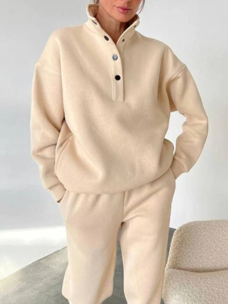 Women's Stand Collar Button 2 Piece Sets Autumn Winter Fashion New Solid Tracksuit Suit Casual Loose Long Sleeve Women Outfit