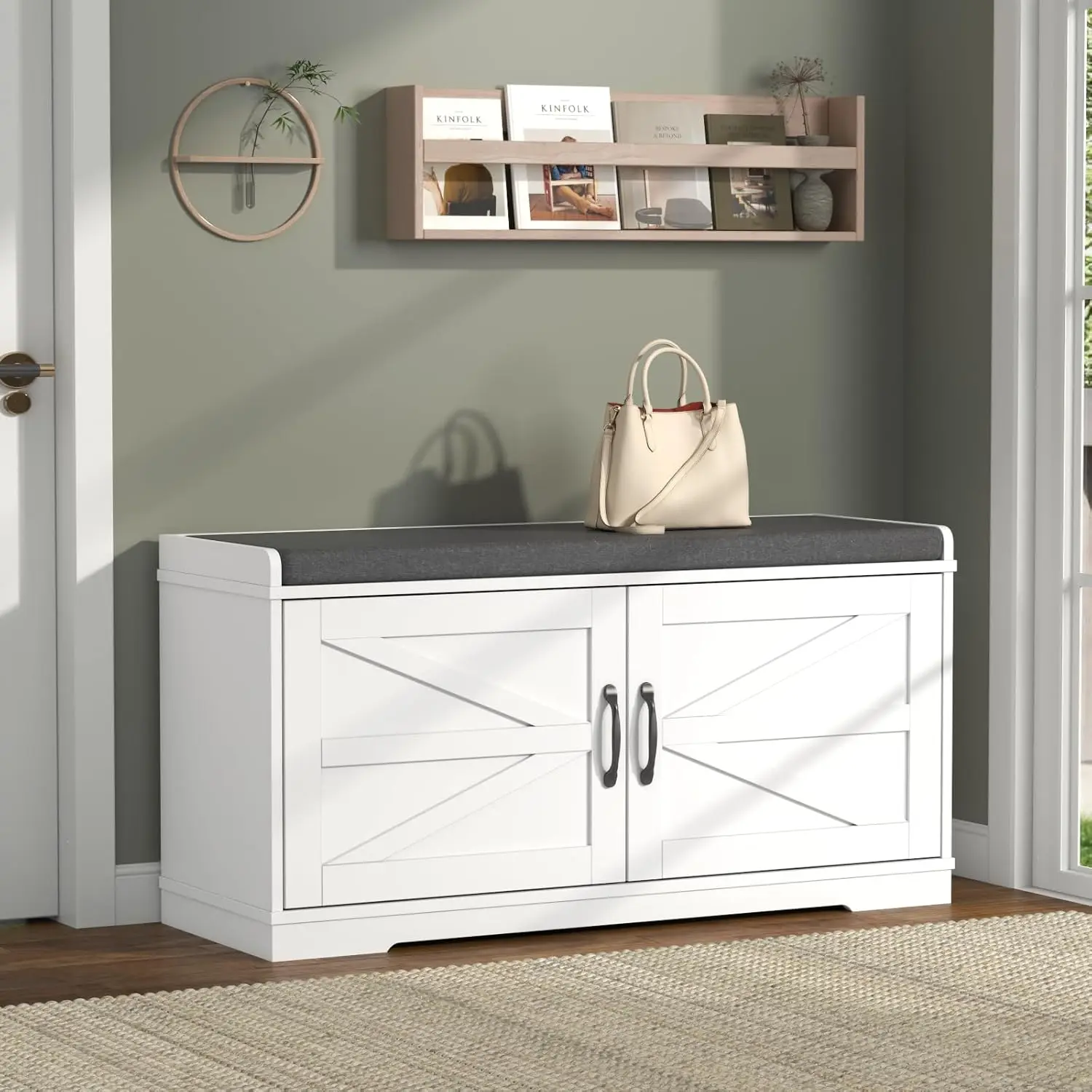 

Shoe Storage Bench, 2-Tier Farmhouse Entryway Bench with Padded Seat Cushion, 13.78" D x 39.37" W x 19.69" H, Slim Shoe Cabinet