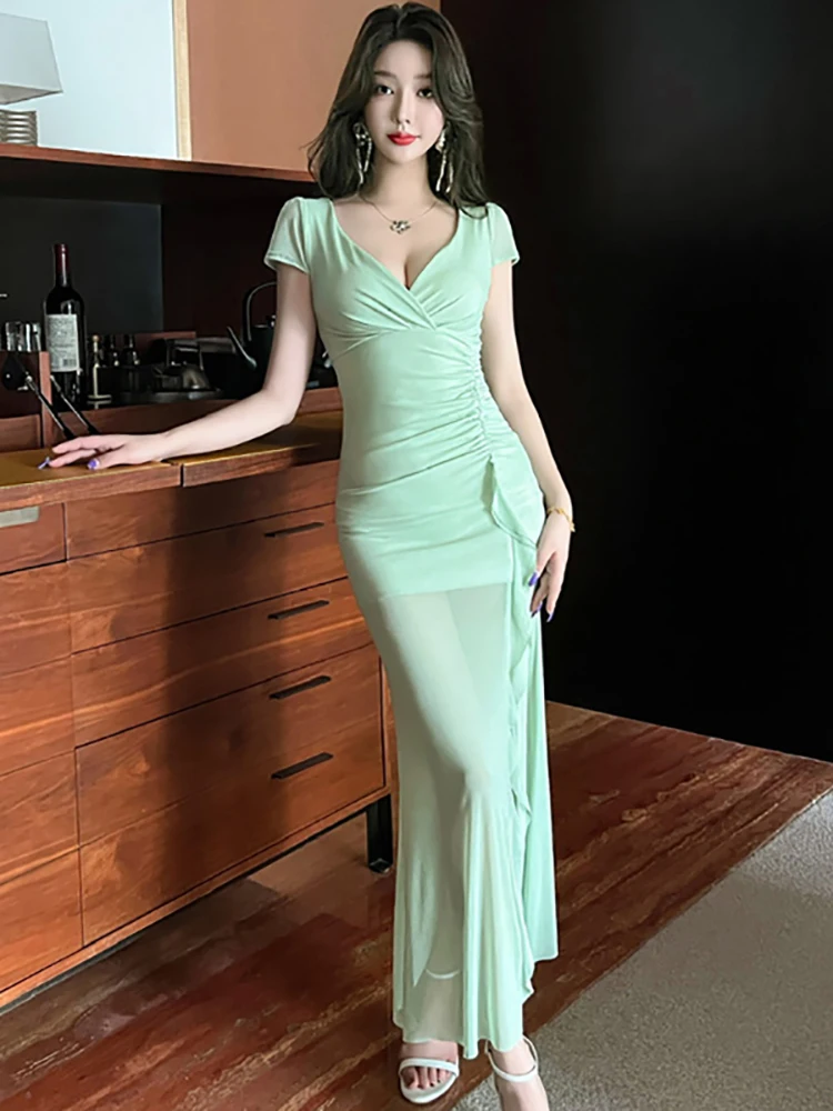 المرأة بوهو طباعة شبكة قصيرة الأكمام الخامس الرقبة مثير فستان طويل الصيف أنيقة شيك فستان مكشكش 2025 الكورية Bodycon مهرجان فساتين