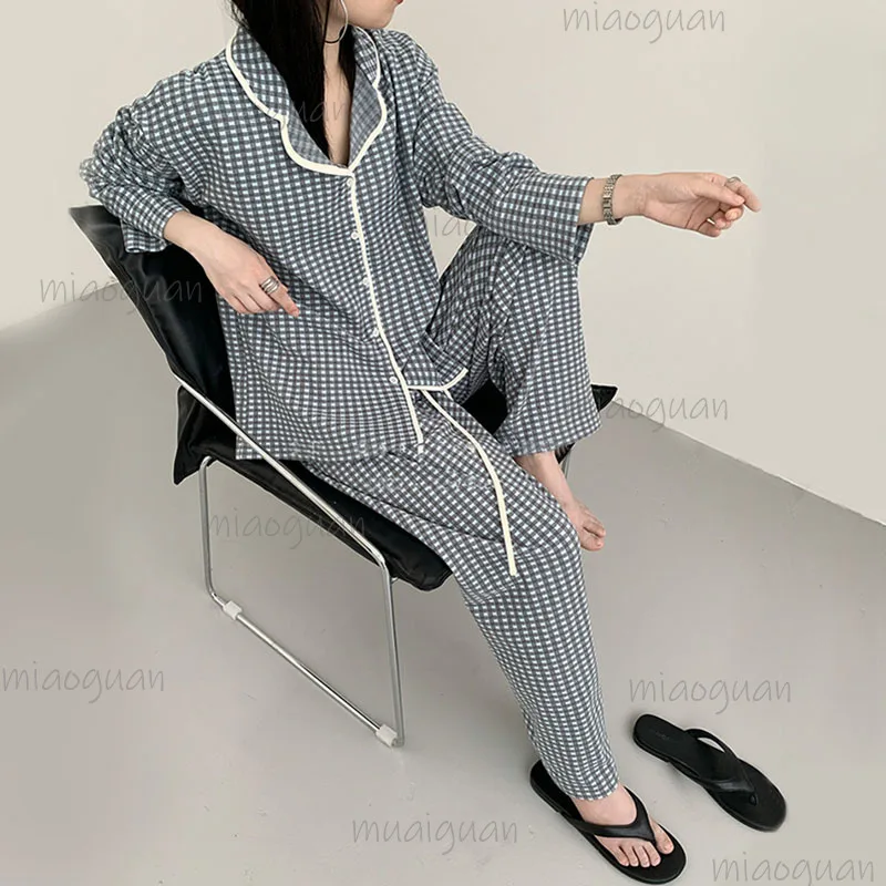 

New Women's Color Block Plaid 2 Piece Pajamas Set Lapel Collar Long Sleeve Button Front Loungewear Loose Casual Ladies Sleepwear